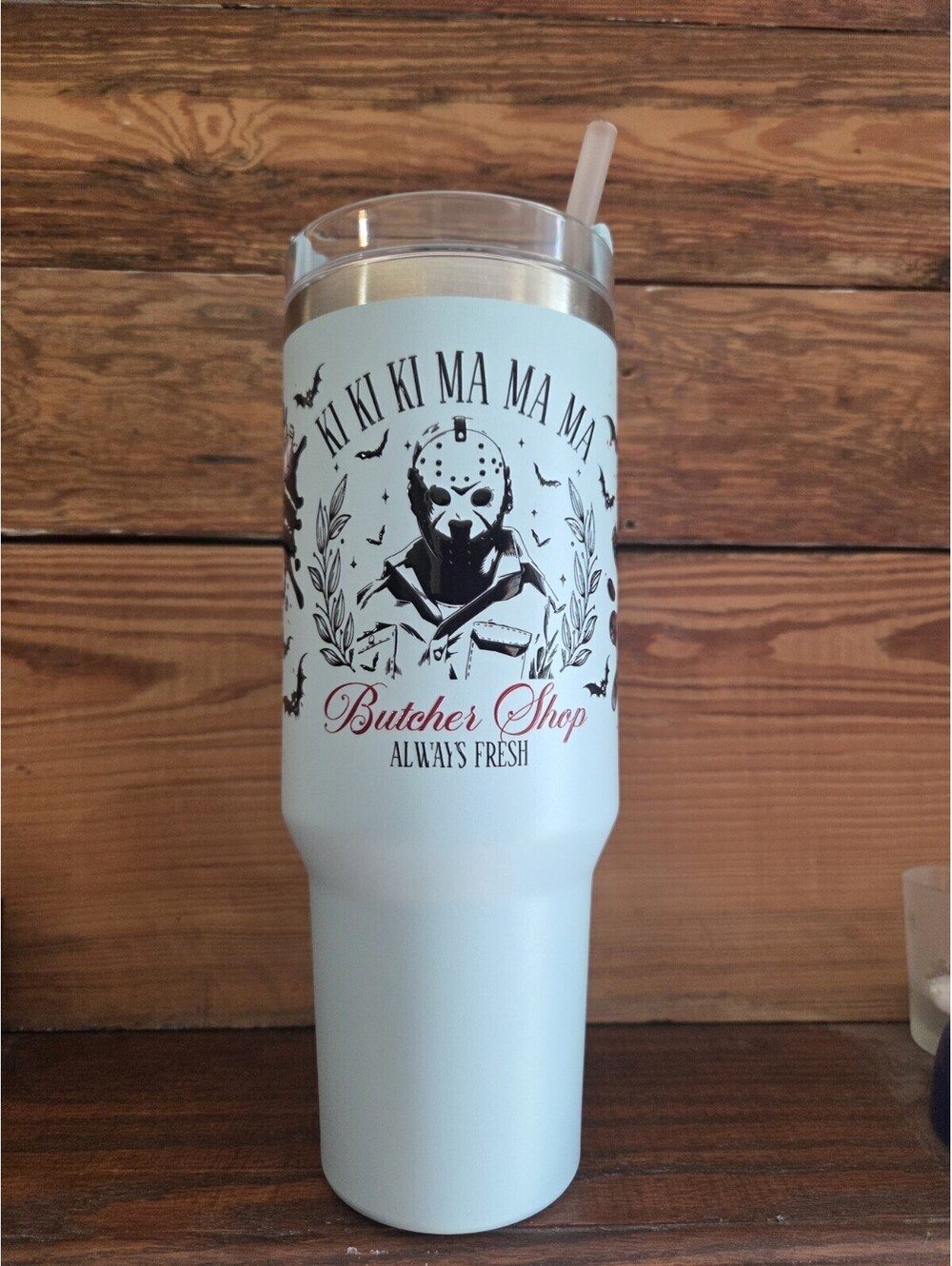 Jason's Butcher Shop 40 oz Tumbler with Handle Lid and Straw Halloween Themed